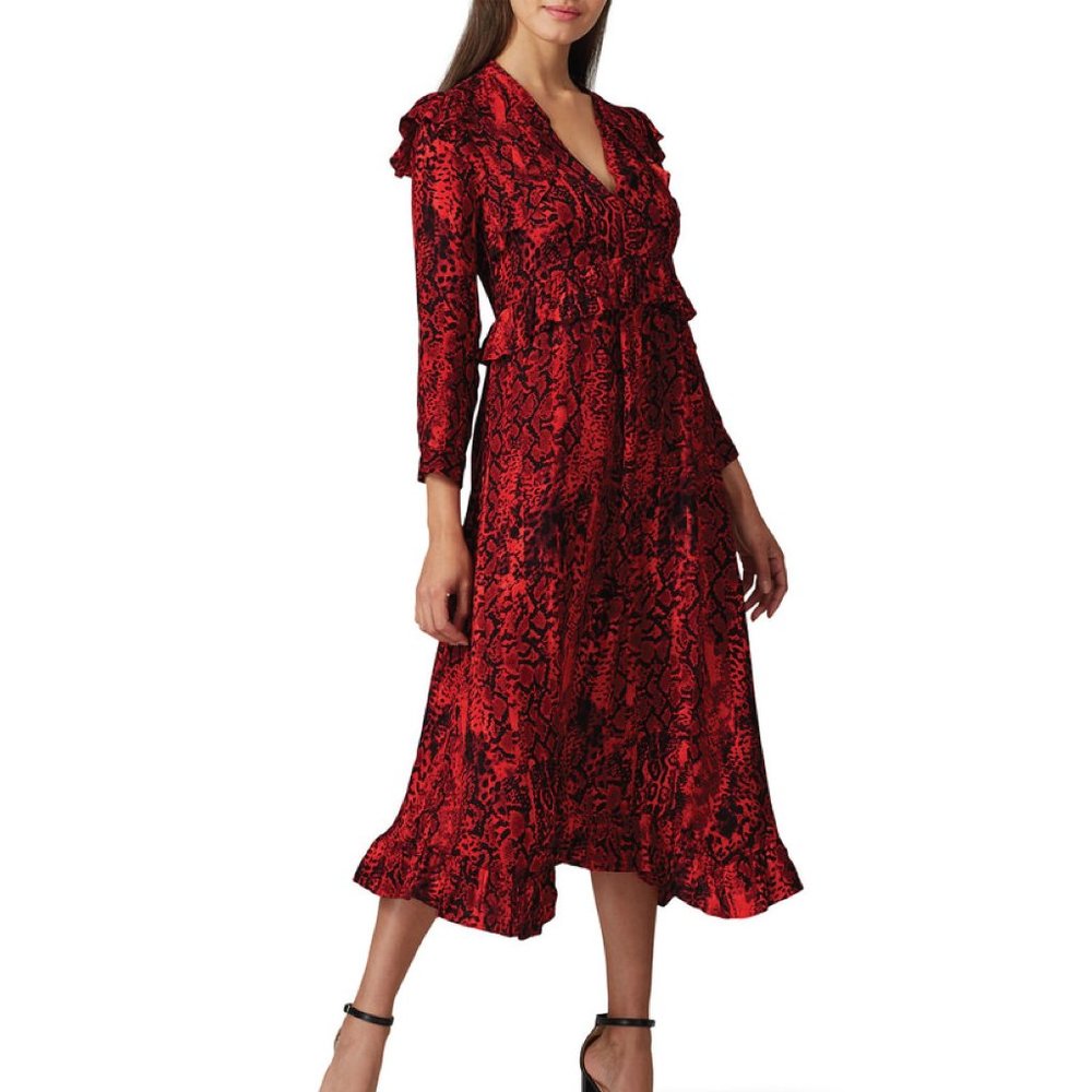 ba$sh Sahara Snake Print Midi Dress Red Ruffle S